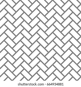 Herringbone pattern. Rectangles slabs tessellation. Seamless surface design with black hollow blocks tiling. Floor cladding bricks. Repeated tiles ornament background. Mosaic motif. Pavement wallpaper