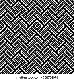 Herringbone pattern. Rectangles slabs tessellation. Seamless surface design with black hollow blocks tiling. Floor cladding bricks. Repeated tiles ornament background. Mosaic motif. Pavement wallpaper