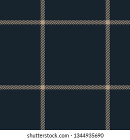 Herringbone pixel plaid pattern vector in dark blue and beige. Seamless tartan check plaid for coat, scarf, poncho, blanket, throw, or other textile design.