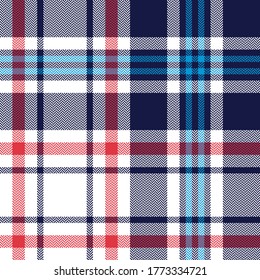 Herringbone plaid pattern vector in blue, red, white. Seamless tartan check plaid for flannel shirt, blanket, throw, duvet cover, or other modern autumn winter textile print.