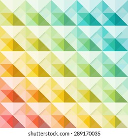 Herring-bone print. Abstract background of colorful volume triangles. 3d volume brick structure. Brickwork, diagonal orientation. Creative origami print. Brochure cover template. Vector illustration