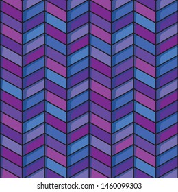 Herringbone seamless background in blue, purple and pink tones. Soft cornered repeating pattern with black background in cool tones. EPS10 vector format.