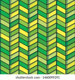 Herringbone seamless background in green and yellow tones. Soft cornered repeating pattern with black background in warm tones. EPS10 vector format.
