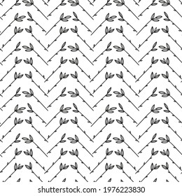 Herringbone seamless pattern. Bamboo or Sugarcane Leaves Vector Seamless Pattern. Chevron Floral Background with Stalk and Leaf. Black and White Wallpaper with Plants
