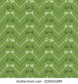 Herringbone seamless pattern. Bamboo or Sugarcane Leaves Vector Seamless Pattern. Chevron Floral Background with Stalk and Leaf. Green Wallpaper with Plants