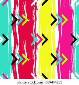 Herringbone striped brushsrokes vector seamless pattern with ethnic motif. Hand painted. Plaid design. 