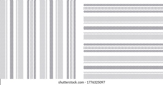 Herringbone textured stripes pattern vector set. Seamless horizontal and vertical lines in grey and white for modern textile print.