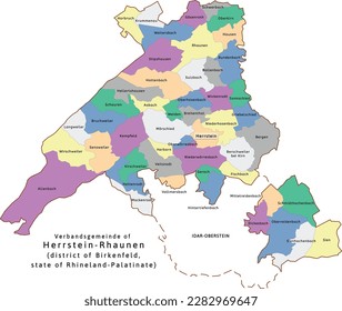 Herrstein-Rhaunen Verbandskarte des Bundeslandes Rheinland-Pfalz in Birkenfeld. Vektorgrafik. Schamfelsfarben, Beton, Poloblau, Drover, Orchideen, Silber, Karamelll