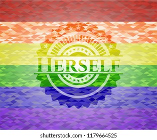 Herself emblem on mosaic background with the colors of the LGBT flag