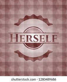 Herself red emblem or badge with abstract geometric polygonal pattern background. Seamless.