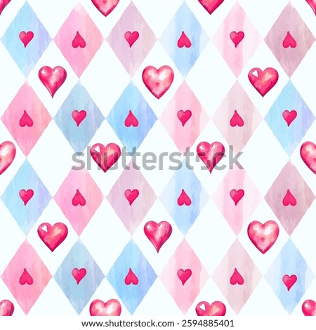 Herts on a chess background. Watercolor seamless pattern, checkered background. Vector illustration.  Texture for fabric, wrapping, wallpaper, print