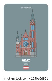 Herz-Jesu-Kirche in Graz, Austria. Architectural symbols of European cities. Colorful vector 