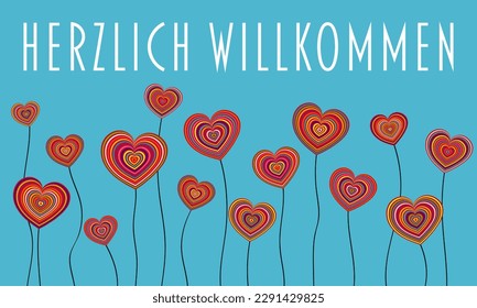 Herzlich Willkommen - German text - Welcome. Vector banner with colorful hearts.