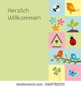 Herzlich Willkommen - text in German language - A warm welcome. Square card with spring symbols in pastel colors.