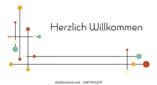 Herzlich Willkommen - text in German language - A warm welcome. Abstract card with dots and lines.