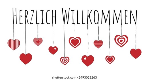 Herzlich Willkommen - text in German language - A warm welcome. Card with hanging hearts.