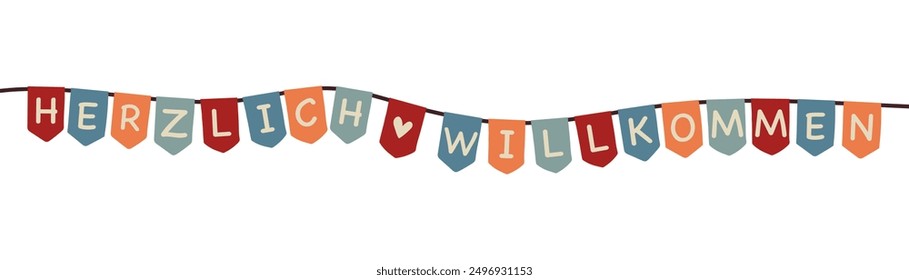 Herzlich Willkommen - text in German language - A warm welcome. Banner with a colorful pennant chain.