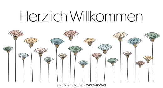 Herzlich Willkommen - text in German language - A warm welcome. Banner with a modern illustration of abstract flowers in pastel colors.