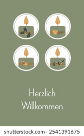 Herzlich Willkommen - texto em língua alemã - Boas-vindas calorosas. Cartão de saudação com quatro velas decoradas em verde, ouro e antracite.