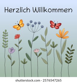 Herzlich Willkommen - text in German language - A warm welcome. Square greeting card with butterflies and a flower meadow.