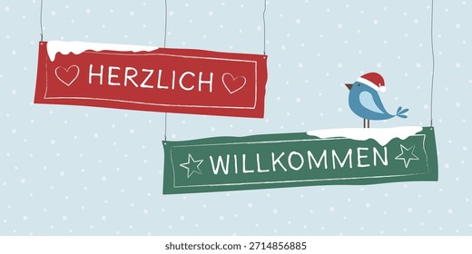 Herzlich Willkommen - text in German language - A warm welcome. Greeting card with lettered signs and a bird wearing a Santa hat.