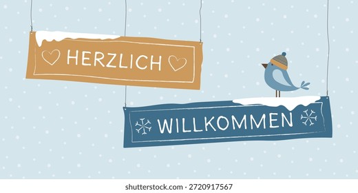 Herzlich Willkommen - Text in deutscher Sprache - Herzlich willkommen. Wintergrußkarte mit beschrifteten Schildern und einem Vogel, der vor einem Schneehintergrund einen Hut trägt.