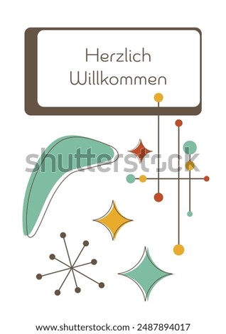 Herzlich Willkommen - text in German language - A warm welcome. Card in modern retro design.