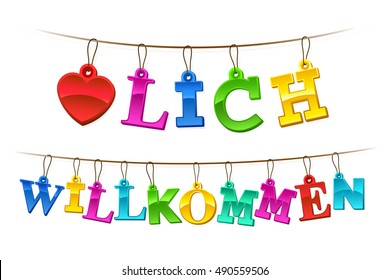 Herzlich willkommen welcome sign in German with a symbolic red heart and letters formed of hangings rainbow colored tags on a string forming a greeting banner or garland, vector illustration on white