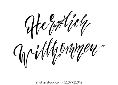 Herzlich willkommen. Welcome. Traditional German Oktoberfest bier festival . hand-drawn brush lettering illustration isolated on white.