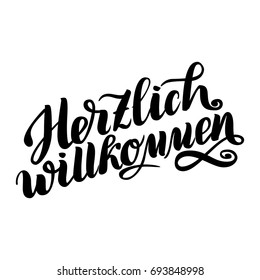 Herzlich willkommen. Welcome. Traditional German Oktoberfest bier festival . Vector hand-drawn brush lettering illustration isolated on white.