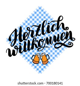 Herzlich willkommen. Welcome. Traditional German Oktoberfest beer festival . Vector hand-drawn brush lettering illustration isolated on white.