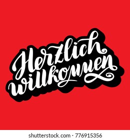 Herzlich willkommen. Welcome. Traditional German Oktoberfest bier festival . Vector hand-drawn brush lettering illustration on red background with volume 3D effect on letters.