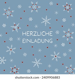 Herzliche Einladung - Text in deutscher Sprache - Herzliche Einladung. Square Einladungskarte mit Schneekristallen und Herzen auf hellblauem Hintergrund.