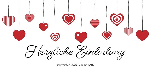 Herzliche Einladung - text in German language - Cordial invitation. Invitation card with hanging hearts.