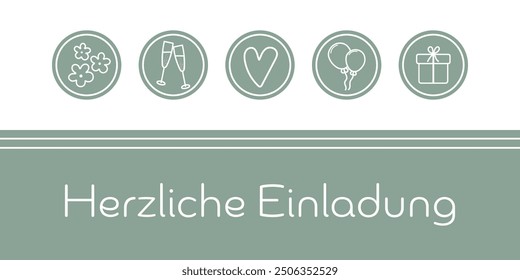 Herzliche Einladung - text in German language - Cordial invitation. Card in sage green and white with a heart, flowers, champagne glasses, balloons and a gift.