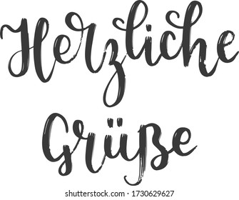 "Herzliche Grüße", grabado a mano con letras vectoriales en alemán, en inglés significa "Saludos amables". Letras alemanas aisladas en blanco. Arte de caligrafía moderna vectorial 