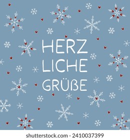 Herzliche Grüße - text in German language - Warm wishes. Square greeting card with snow crystals and hearts on a sky blue background.