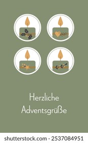 Herzliche Adventsgrüße - Text in deutscher Sprache - Herzliche Adventsgrüße. Grußkarte mit vier verzierten Kerzen in Grün, Gold und Anthrazit.