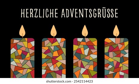 Herzliche Adventsgrüße - text in German language - Warm Advent greetings. Greeting card with four colorful candles on a black background.