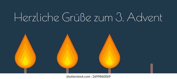 Herzliche Grüße zum 3. Advent - text in German language - Warm greetings for the third Advent. Minimalistic Advent card with three flames.