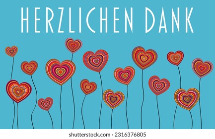 Herzlichen Dank. German thank you phrase. Thank you card with colorful heart flowers.