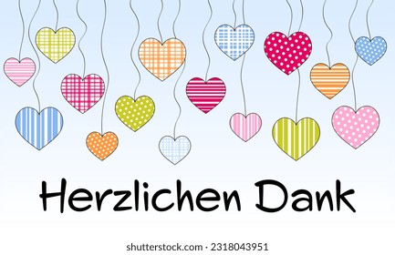 Herzlichen Dank. German thank you phrase. Thank you card with a sky full of hearts.