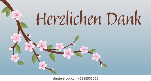 Herzlichen Dank. German thank you phrase. Thank you card with a cherry blossom branch.