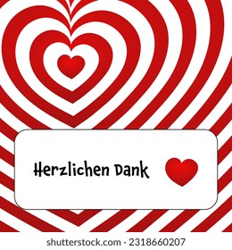 Herzlichen Dank. German thank you phrase. Thank you card with a red and white striped heart.