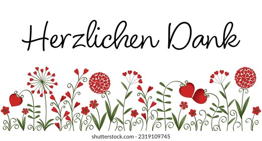 Herzlichen Dank. German thank you phrase. Thank you banner with flowers made of red hearts.