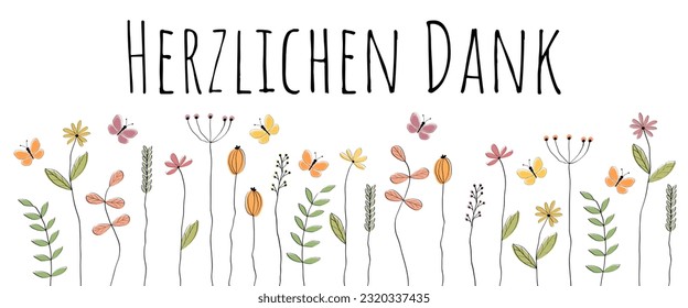 Herzlichen Dank. German thank you phrase. Thank you banner with lovingly drawn flowers and butterflies.