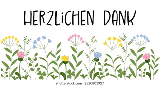 Herzlichen Dank. German thank you phrase. Thank you banner with flowers in pastel colors.