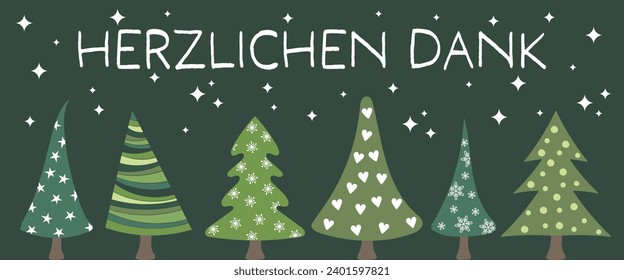 Herzlichen Dank - lettering in German language - Thank you very much. Thank you card with fir trees.