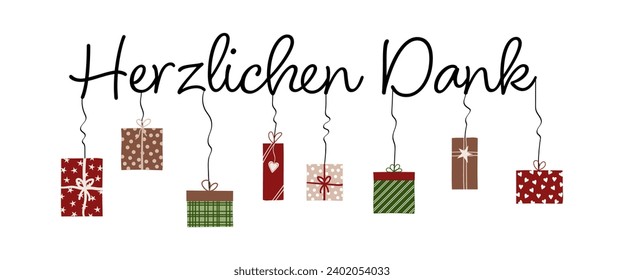 Herzlichen Dank - lettering in German language - Thank you very much. Thank you card with colorful gift packs.