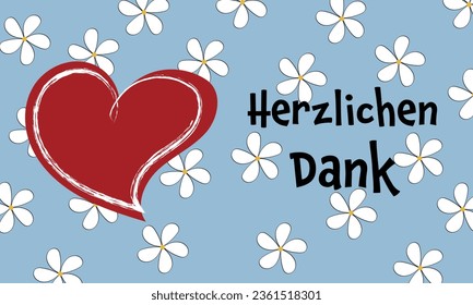 Herzlichen Dank - text in German language - Thank you. Thank you card with a heart on a sky blue background with white blossoms.